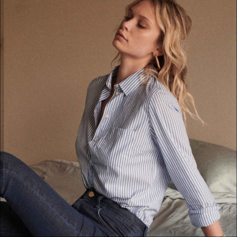 Sezane Tomboy Blue and White Striped Cotton Button Down Shirt